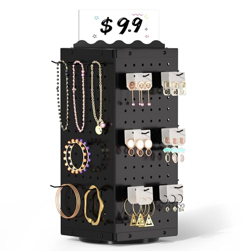 Urban Deco 360° Rotating Pegboard Display Stand with Signage, 4-Sided Spinning Peg Board Stand with 24 Hooks for Jewelry, Earring & Keychain Holder Displays for Craft Shows & Vendor Events (Black) - color: Black