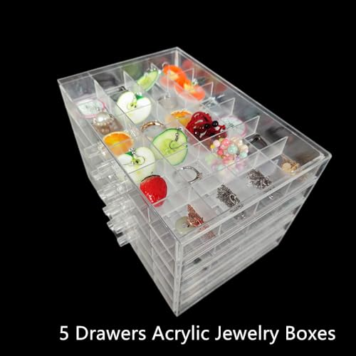 Clear Acrylic Jewelry Organizer Box with 5 Drawers 120 Grids, Dustproof Transparent Jewelry Display Stand Storage Case Holder with 120 Small Compartments for Women Ring Necklace Bracelets Earring