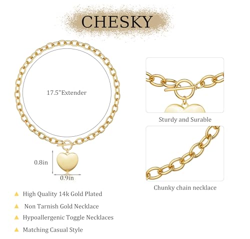 CHESKY 14K Gold Plated Chunky Necklace for Women, Trendy Paperclip Chain Necklace Thick Cross Heart Pendant Necklace Layered Herringbone Cuban Link Chain Toggle Necklaces Non Tarnish Jewelry - color: gold, style: heart
