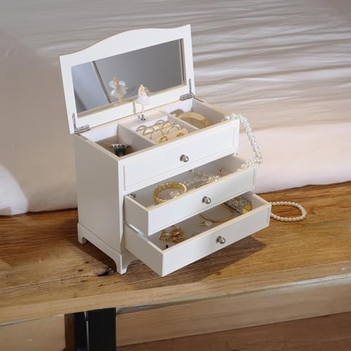 White Ballerina Musical Jewelry Box with Mirror for Girls and Women,Jewelry Storage Box, for Birthday,Valentine's Day and All Holidays,Great Gift for Daughter, Wife