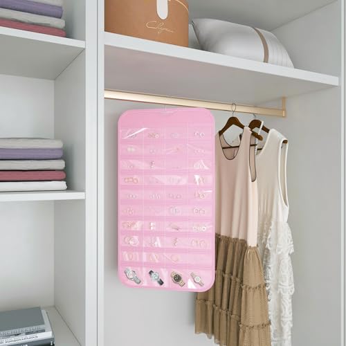 1 Pack Hanging Jewelry Organizer 80-Pocket Dual-sided Jewelry Storage for Earring Necklace Bracelet Ring Travel Holder, Pink - color: Pink