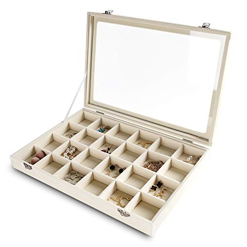 Frebeauty 24 Grid Earring Holder Organizer Tray, Jewelry Organizers and Storage for Drawer,Velvet Jewelry Display Storage for Earrings,Rings,Studs,10.5 x 6.5 x 1.2 Inches Gift for Women (Beige) - color: Beige, size: 24 Slots
