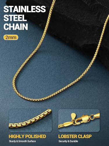 PROSTEEL Stylish Stainless Steel Flat Box Link Chain Necklace for Men, Silver/Gold/Black Tone, Hypoallergenic Jewelry, 14"-30", Come with Box - size: 28 inch(71cm), style: 2mm-Luxury Gold