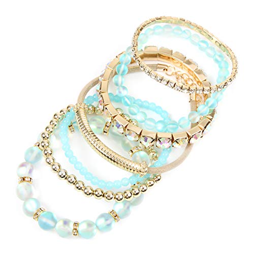 RIAH FASHION Multi Color Stretch Beaded Stackable Bracelets - Layering Bead Strand Statement Wrap Bangles - color: Mermaid Glass - Aqua Mint, size: 7.0 Inches Length