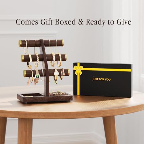 SRIWATANA 1 Bracelet Holder, Jewelry Display Stand Birthday Mother's Day Christmas Wood Solid Wood Classic Design Non-Slip Pad Metal End Cap Keeps Jewelry Secure T-Bar Organizer for Bracelets - Walnut - color: Walnut