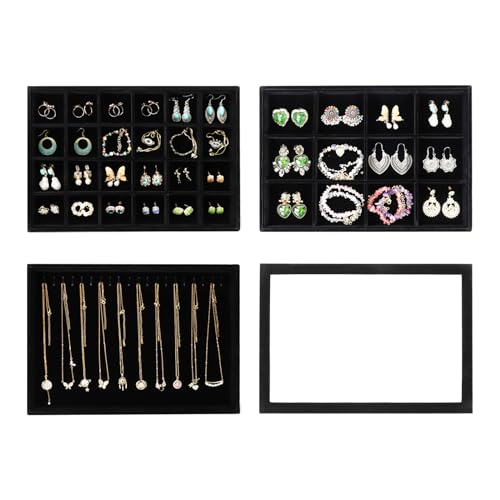 Wudygirl Set of 4 Stackable Jewelry Organizer Trays for Drawer Velvet Drawer Organizer with Lid Jewelry Display Case for Earring Necklace Ring Bracelet Gift for Women Girl(Set of 4,Black) - color: Black, size: 3 Pcs+Lid