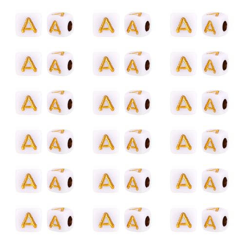 FASHEWELRY 500Pcs White Golden Letter Beads 4.5mm Square Alphabet Beads Acrylic Cube Letter A Beads for Friendship Bracelet Necklace Keychains Jewelry Making - color: Letter A