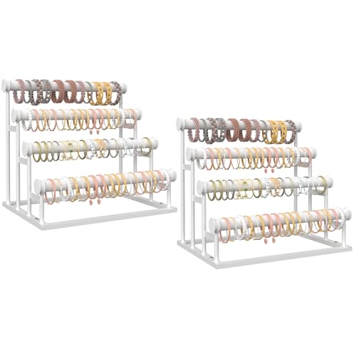 ORLESS 4 Tier Bracelet Holder, 2 Pack Detachable Velvet Jewelry Display Stand, T-Bar Necklace Storage Organizer Display Stand, Metal Bracelet Holder Display for Bangles Watch Scrunchies(White) - color: White-2Pack
