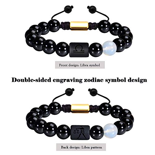 VLINRAS Zodiac Bracelet for Men Women, 8mm 10mm Natural Black Onyx Stone Star Sign Constellation Horoscope Bracelet Gifts