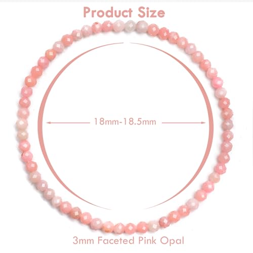 BONNY BOXX Natural Genuine Gemstone Faceted Round Beads Bracelets, 3mm Adjustable Stretchy Tiny Faceted Black Tourmaline Bracelet, Healing Crystal Reiki Chakra Dainty Jewelry Fashion Gifts - color: Pink Opal