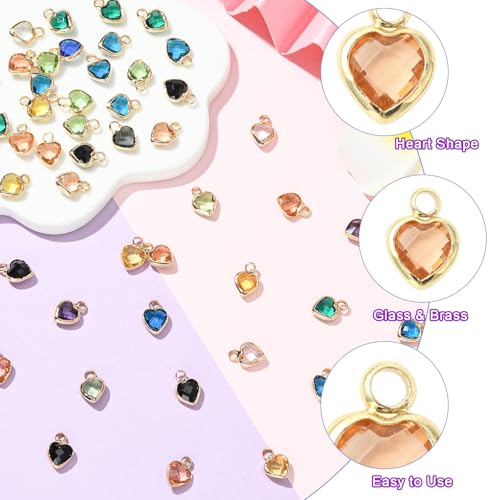 Ipotkitt 50 Pcs Faceted Heart Glass Charms Random Color Crystal Heart Shaped Romantic Valentine Love Charms for DIY Craft Jewelry Making - color: 50pcs-Heart Charms-9x6.5x3mm