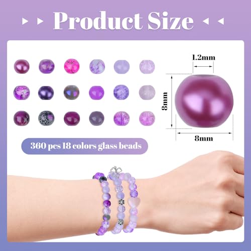 DUQGUHO 8mm Purple Beads for Jewelry Making Purple Glass Beads for Bracelets Crystal Glass Round Bead Bracelet Friendship Bead Kit 360PCS - color: 2-Purple