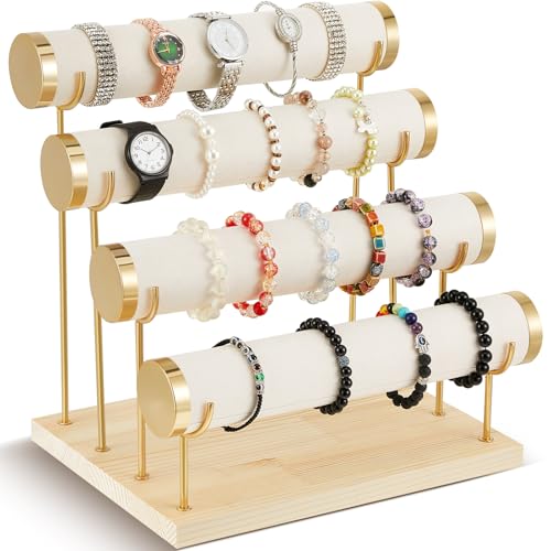 Wenqik 4 Tier Detachable Bracelet Holder Bracelet Display Stand Beige Velvet Jewelry Organizer Displays for Bangles Necklace Watches Scrunchies Hair Ties (Beige) - color: Beige, size: 13 x 11 x 8.3 Inch
