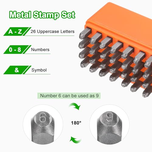 HARFINGTON 36pcs Metal Stamping Kit 1/8" (3mm) Steel Uppercase Letter and Number Punch Set (A-Z / 0-8 / "&" Symbol) Punch Press Tool with Case for Imprinting Metal Plastic Wood Leather - size: 1/8"
