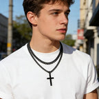 SENRAN Layered Cross Necklace for Men Boys Stainless Steel Layered Cuban Link Chain 16-24 inch Christian Cross Pendant Religious Jewelry Gifts - color: Black, style: 16inch/18inch