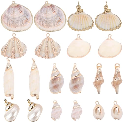SUNNYCLUE 1 Box 20Pcs 10 Styles Seashell Charms Bulk Sea Shell Charms Large Gold Electroplated Natural White Conch Cowrie Ocean Beach Charm for Jewelry Making Charms Women DIY Necklaces Earrings Craft - color: 1 Box 20Pcs 10 Styles Seashell Charms