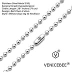 VENICEBEE® Best Stainless Steel Ball Chain Medical Grade 316L Surgical Metal Long Dog-Tag ID Military Necklace 28" INCHES 2.4MM Wide Resizable Standard Chain 28 inch + Pouch HYPOALLERGENIC LEAD-FREE