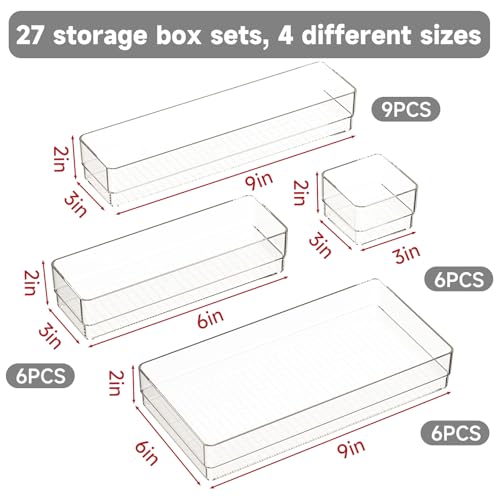 27 PCS Clear Plastic Drawer Organizer Set, 4 Sizes Acrylic Drawer Storage Trays Non Slip Storage Bins for Makeup, Jewelry, Gadgets for Kitchen, Bedroom, Bathroom, Office - style: 27 PCS with 4 sizes