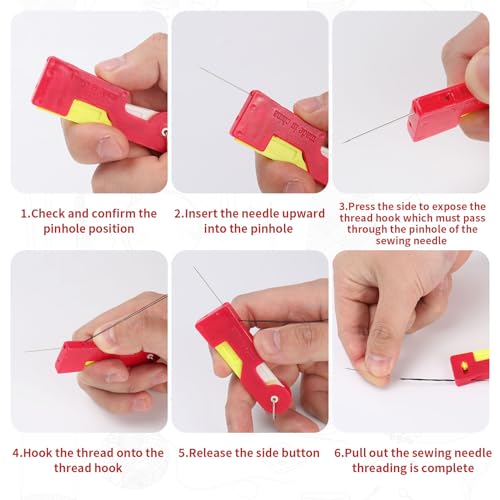Automatic Needle Threader Tool, 4 Pack Plastic Threaders for Hand Sewing & DIY, Easy Threading Device for Small Needle Eyes, Compact 2.66×0.9×0.25 in, Mixed Red/Green/Yellow, Sewing Accessories