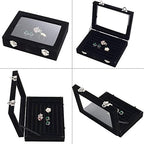 Jewelry Box Rings Organizer Tray 7 Slots Velvet Jewelry Earring Storage Box With Transparent Lid Jewelry Display Case for Girls Women (Black) - color: Black
