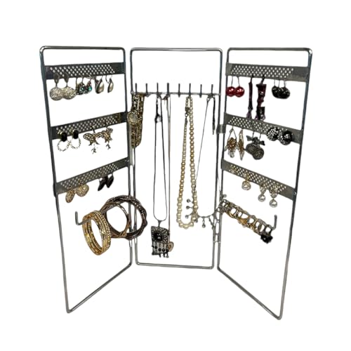 Jewelry Holder, Jewelry Organizer, folding 3 piece Jewelry Display Stand with Metal Frame, Necklace Earring Bracelet Holder, for Studs, Rings, Gift Idea, Gold, Silver, Black Color (SILVER) - color: SILVER