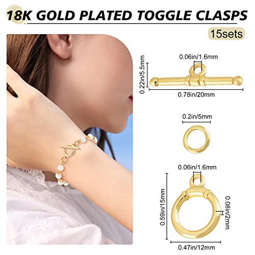 Beebeecraft 15 Sets 18K Gold Plated Toggle Jewelry Clasps Connectors Round Ring Toggle T Bar Clasps Sets for Necklace Bracelet Earring Making, 15x12mm - color: #2 15 sets
