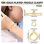 Beebeecraft 15 Sets 18K Gold Plated Toggle Jewelry Clasps Connectors Round Ring Toggle T Bar Clasps Sets for Necklace Bracelet Earring Making, 15x12mm - color: #2 15 sets