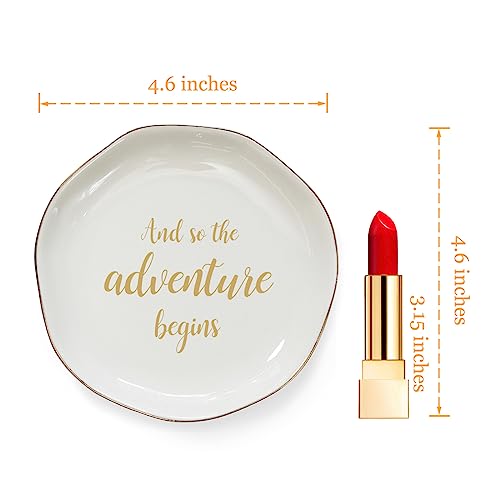 HOME SMILE And So The Adventure Begins Ring Dish-Inspirational Bridal Shower, Bachelorette Party, Engagement Wedding Gifts, Congratulation Present for New Chapter,Ceramic White - style: And So The Adventure Begins