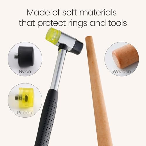 Meowoo Jewelers Rubber Hammer with Wood Ring Mandrel Ring Shaper Tool - Repair Bent Rings & Jewelry Making Kit
