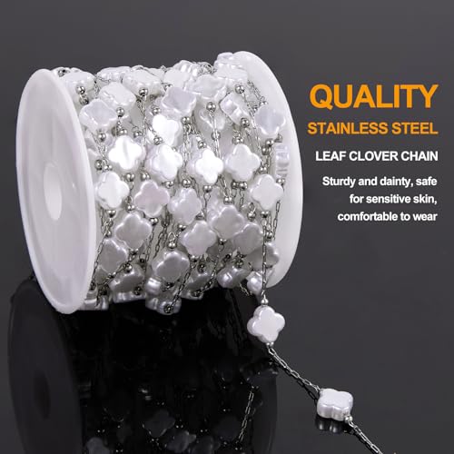 KYUNHOO 13 Feet Stainless Steel Silver Jewelry Making Chains Clover Leaf Shaped Faux Pearl Chain Roll with Jewelry Clasps for Handcraft DIY - color: Clover Silver