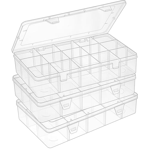 SGHUO 3 Pack 15 Grids Large Plastic Storage Organizer Box,15 Compartments with Dividers for Tackle Box, Beads, Washi Tape, Ribbon, Crafts, Art Supply 10.9X6.5X2.2inch - size: 3pcs
