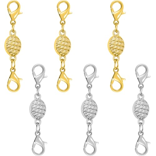 Magnetic Necklace Clasps and Closures-Magnetic Safety Clasp Extender with Lobster Clasps, Pineapple Texture Design, Gold and Silver (6pcs Gold Silver) - color: 6pcs gold silver