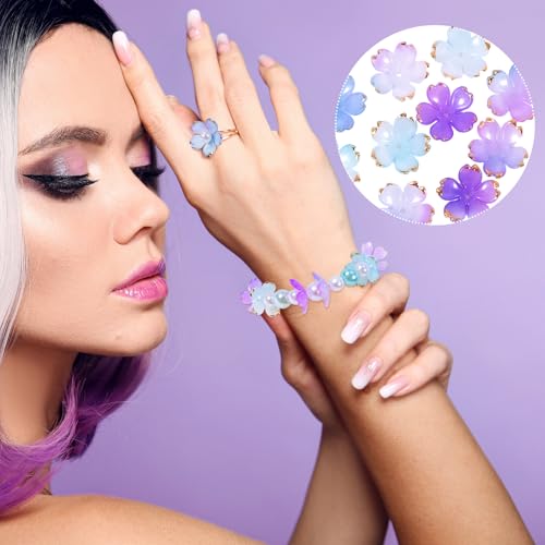 100pcs Cherry Blossom Beads, 5-Petal Gradient Acrylic Flower Beads, Mini Spacer Hair Accessories Halloween Christmas for Bracelets Earring Jewelry Making- Blue & Purple1 - color: Blue & Purple1