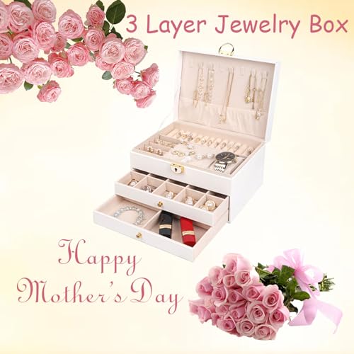3 Layer Jewelry Box Organizer with Drawers, Lockable PU Leather Jewelry Storage Case for Mothrer's Day gifts Necklace Earring Ring Bracelet Watch, White - color: White