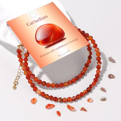 Crystal Choker Necklaces for Women,4mm Handmade Natural Stone Choker Beaded Necklace Healing Crystal Necklace Gemstone Bead Necklaces for Women - color: Carnelian