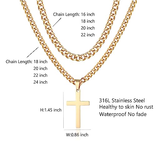 SENRAN Layered Cross Necklace for Men Boys Stainless Steel Layered Cuban Link Chain 16-24 inch Christian Cross Pendant Religious Jewelry Gifts - color: Gold, style: 20inch/22inch