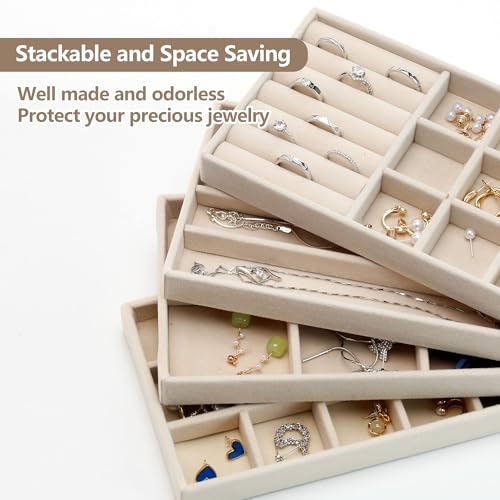 Set of 4 Stackable Jewelry Organizer Trays, Jewelry Drawer Organizer Inserts with Removable Dividers, Jewelry Display Tray Storage for Earring Ring Necklace Bracelet (Beige)