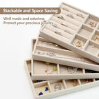 Set of 4 Stackable Jewelry Organizer Trays, Jewelry Drawer Organizer Inserts with Removable Dividers, Jewelry Display Tray Storage for Earring Ring Necklace Bracelet (Beige)