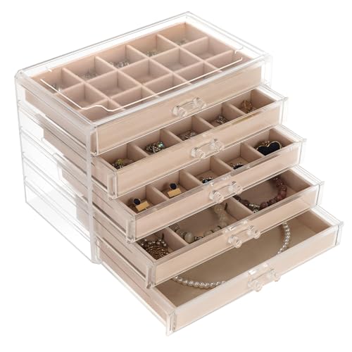 FEISCON Jewelry Box Organizer，Acrylic Storage Organizer with 5 Drawers Adjustable Velvet Trays grid size Jewelry Storage Box Clear Jewelry Organizer Gift for Women Girls (5 layer) - size: 5 layer