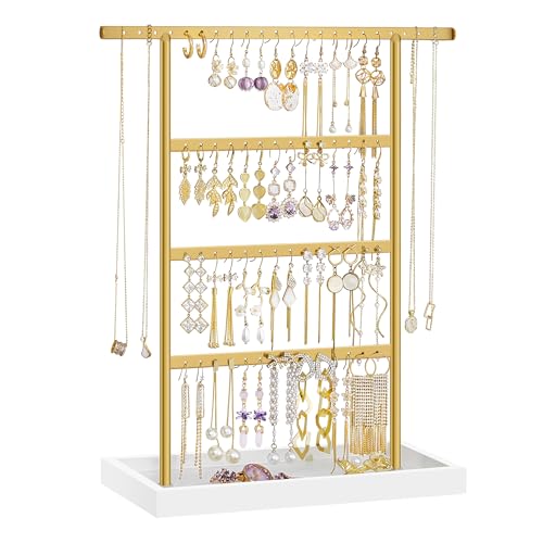 SONGMICS Jewelry Organizer, 4-Tier Earring Holder Organizer Stand with Base Tray, for Studs and Necklaces, Vintage, White and Gold Color UJJS019A01 - color: White + Gold, size: 1 Pack