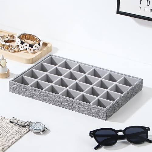 Stackable Jewelry Organizer Tray For Drawers,White Leather Small Earring Storage Tray,Bracelet And Necklace Display Box,Jewelry Ring Display Case (Gray 24 Grids) - style: Gray 24 Grids