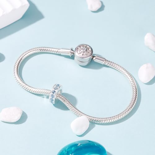 925 Sterling Silver Spacer Charm Bead with Clear CZ for Pandora Charms Bracelets - color: Light Blue