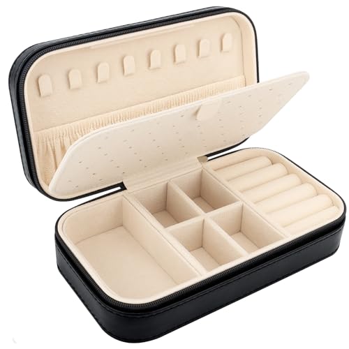 DesignSter Travel Jewelry Box, PU Leather Portable Jewelry Case, Small Jewelry Boxes for Gifts, Travel Jewelry Organizer for Women Rings Earrings Necklaces Bracelets (Black) - color: Black