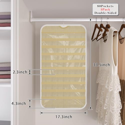 1 Pack Hanging Jewelry Organizer 80-Pocket Dual-sided Jewelry Storage for Earring Necklace Bracelet Ring Travel Holder, White and Beige - color: White and Beige