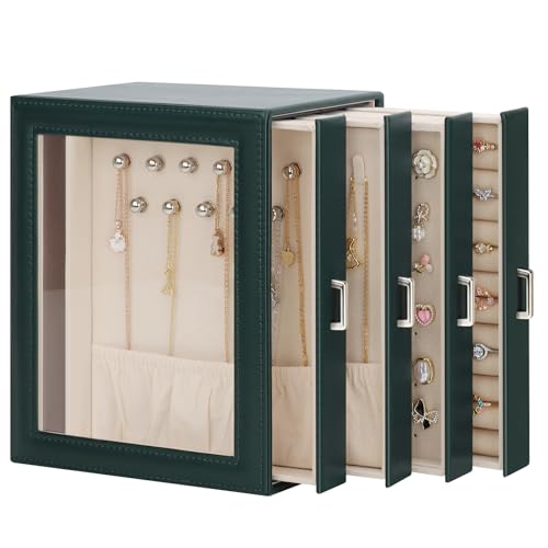 DesignSter Jewelry Box Organizer, Jewelry Box for Women, PU Jewelry Organizer Display Case with Side Drawers, Jewelry Storage for Earring Necklace Ring Bracelet Watch - color: Oliver Green
