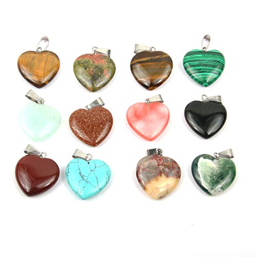LE SKY 20 Pcs natural stone pendants heart shape healing stone charms for jewelry making - color: epidote
