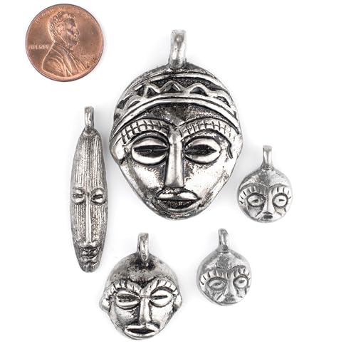 TheBeadChest 5 Pendant Bundle: African Silver Masks: Genuine West African Mask Design for DIY Jewelry & Necklaces - color: Silver, size: Variety Pack (5 Pendants)