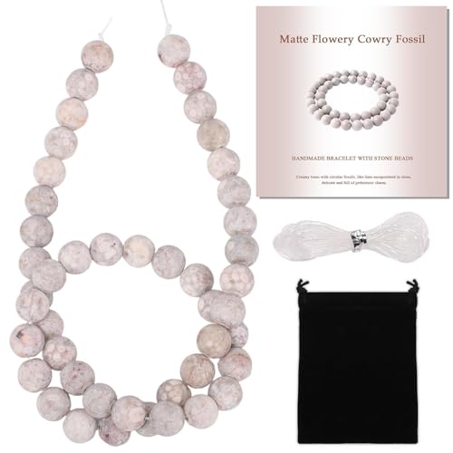Stone Beads, 45pcs Matte Flowery Cowry Fossil, 8mm Round Loose Beads for Jewelry Making, Bracelets, with Bag, String & Card - color: Matte Flowery Cowry Fossil, size: 8mm