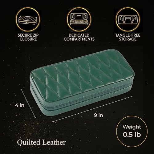 Bey-Berk Diamond-Quilted Leather Travel Jewelry Case, Green, 9" x 4" x 1.75" - color: Green