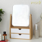 1x / 5X Magnifying Makeup Mirror, Jewelry and Cosmetics Storage Box with Double Drawers, Adjustable Natural Bamboo Stand, 360° rotatable Vertical Desktop Mirror (1, Rectangle)
